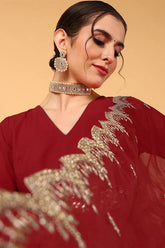 Women Red Georgette Embroidered Zari Work Flared Kurta with Dupatta